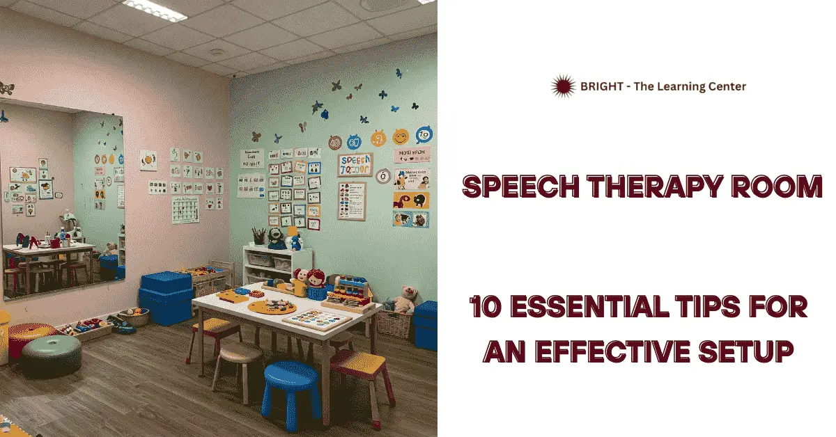 Wide shot of a speech therapy room featuring visual aids, a mirror, and an activity table — a space thoughtfully designed for focused, effective therapy. - speech therapy room 1