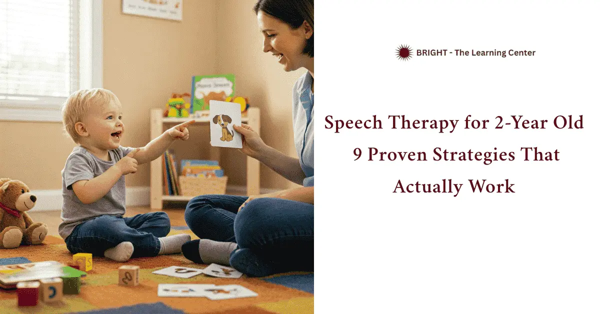 Cheerful toddler points at dog flashcard held by smiling therapist in cozy, bright therapy room with toys and books. - Speech Therapy for 2-Year Old 1