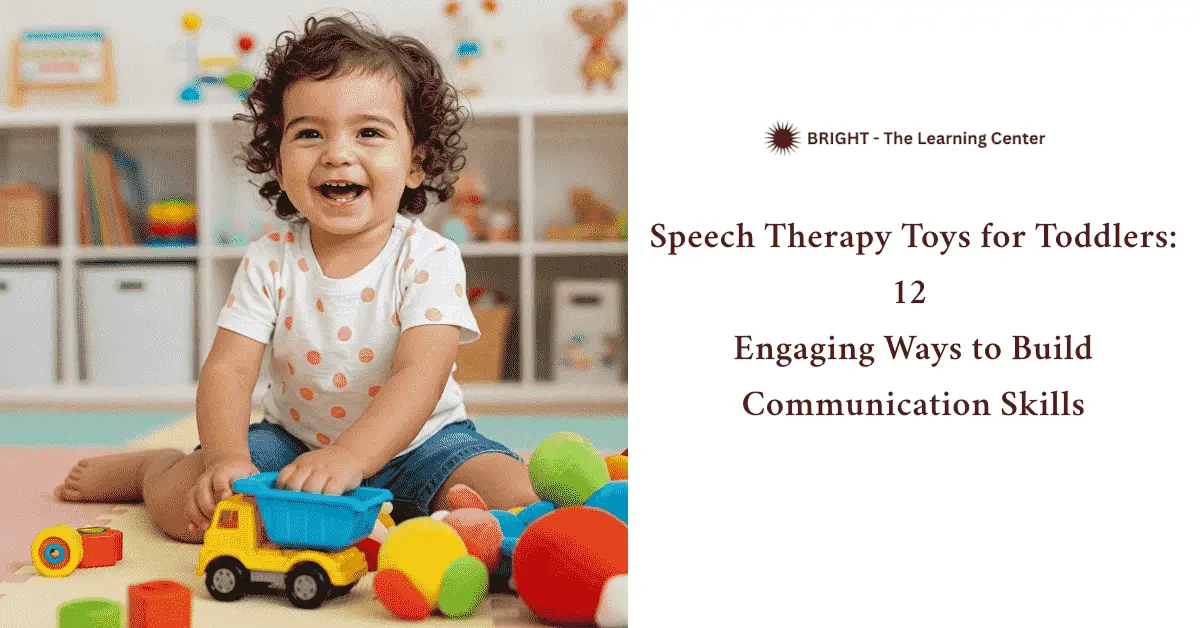Joyful toddler with curly hair, coral-dotted shirt, denim shorts playing with toys (yellow truck, stuffed animals) on a soft mat in a bright, tidy room with shelves. - speech therapy toys for toddlers 1