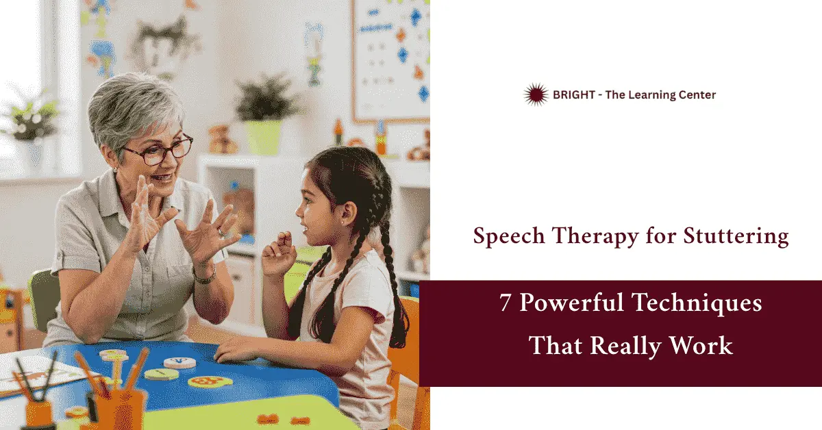 Senior speech therapist uses hand gestures to guide a young girl in speech therapy in a bright room with toys and plants, fostering interactive learning. - speech therapy for stuttering 1