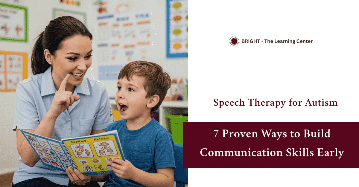 A speech therapist helps a young boy practice speech sounds using gestures and visuals in a bright, child-friendly therapy room with educational posters. - speech therapy for autism 1