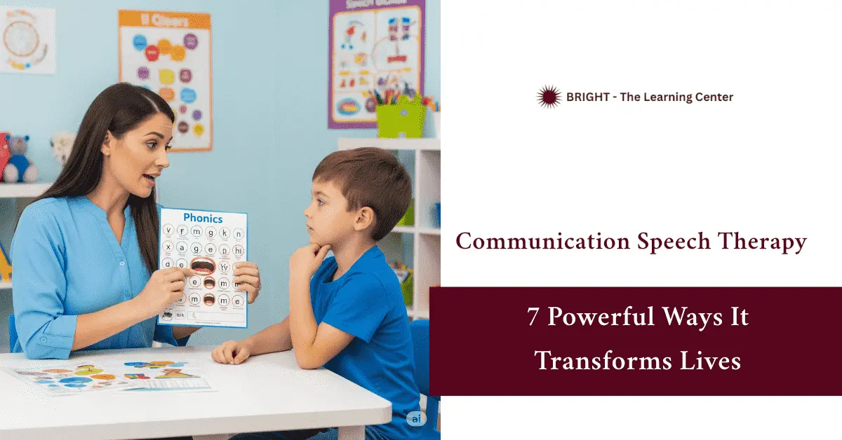 Speech therapist teaching a young child mouth movements using a phonics chart in a bright, child-friendly therapy room. - communication speech therapy 1