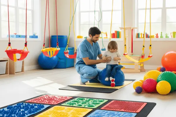 A pediatric occupational therapy room with colorful sensory equipment and a therapist assisting a child through a structured play activity. The tone is cheerful and engaging. - occupational therapy meaning 2