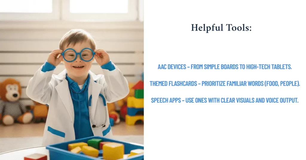Child with Down syndrome in doctor costume smiling, next to a list of speech therapy tools for communication. - down syndrome speech therapy ideas 1