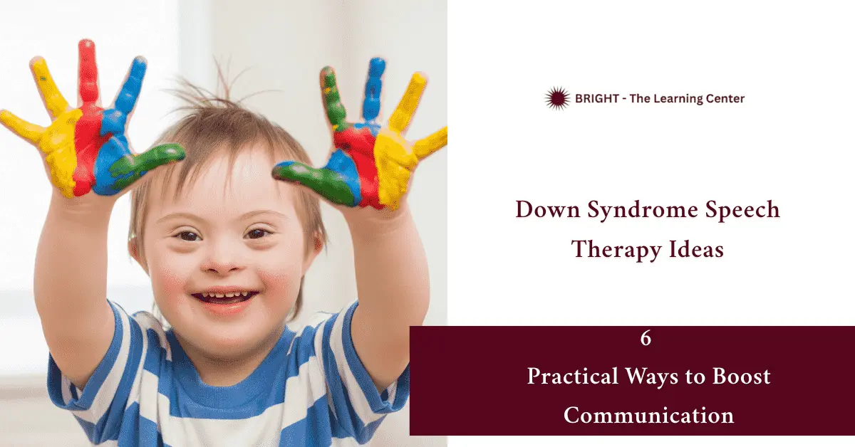 Smiling young child with Down syndrome holding up brightly painted hands, symbolizing creativity and joyful engagement in speech therapy. - down syndrome speech therapy ideas 1