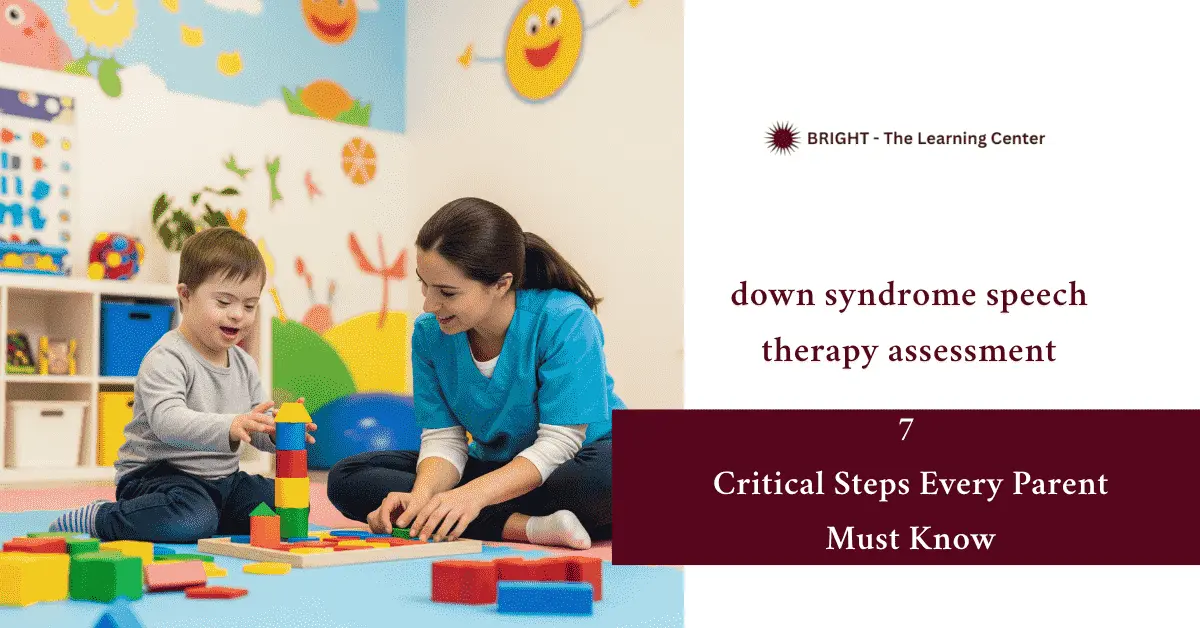 A young child with Down syndrome playing a learning game with a therapist in a colorful therapy room. - Down Syndrome Speech Therapy Assessment 1