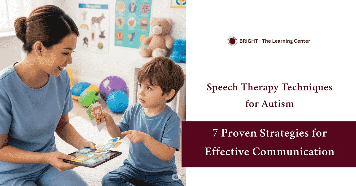 Therapist using AAC device and picture cards with autistic child in a bright room with visuals and sensory tools. - speech therapy techniques for autism 1
